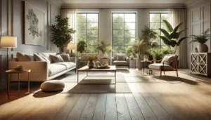 Bright, spacious living room featuring plush seating, large windows with greenery outside, and stylish decor with plants and a wooden table.