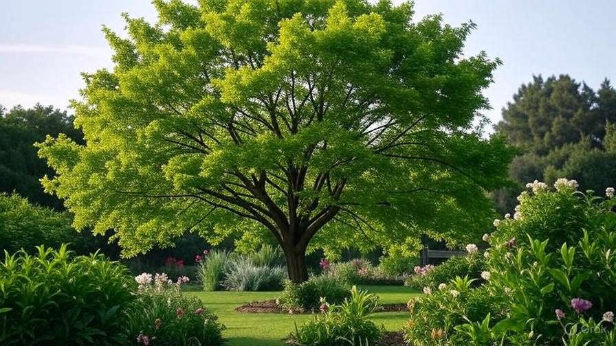 A lush green tree stands majestically in a vibrant garden, surrounded by colorful flowers and greenery under a clear blue sky.