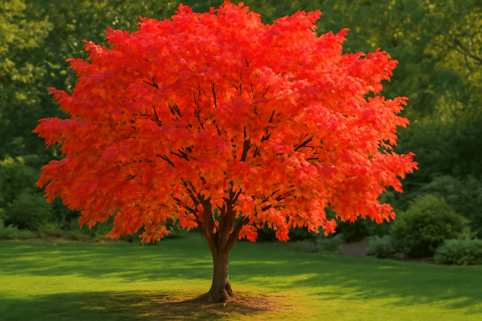 A vibrant red maple tree stands tall in a lush green landscape, showcasing stunning autumn foliage against a bright background.