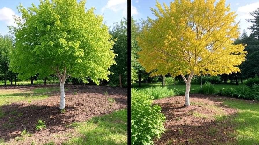 A split image of a tree, vibrant green on the left and bright yellow on the right, showcasing seasonal color change.