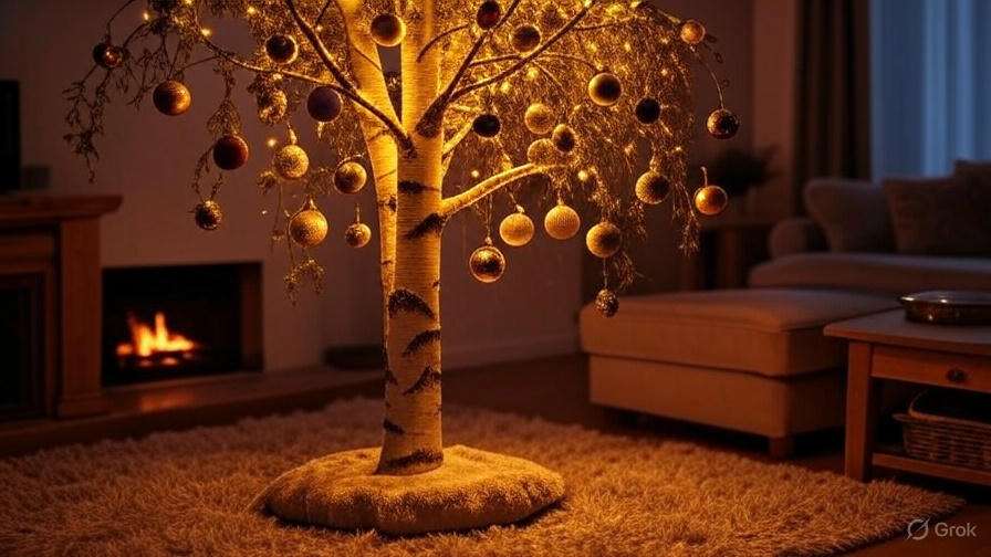 Decorative golden tree adorned with ornaments, glowing warmly in a cozy living room by a fireplace and plush carpet.