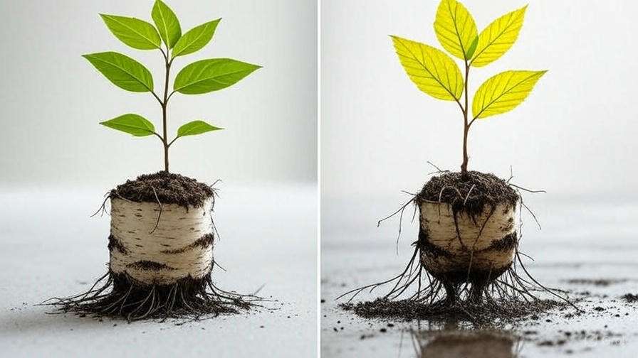 A sprouting plant with vibrant green leaves emerges from a soil-covered base, showcasing both its roots and growth potential.