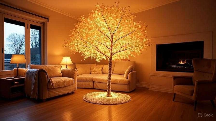 A cozy living room featuring a glowing artificial tree, warm lighting, a soft sofa, and a fireplace, creating an inviting ambiance.