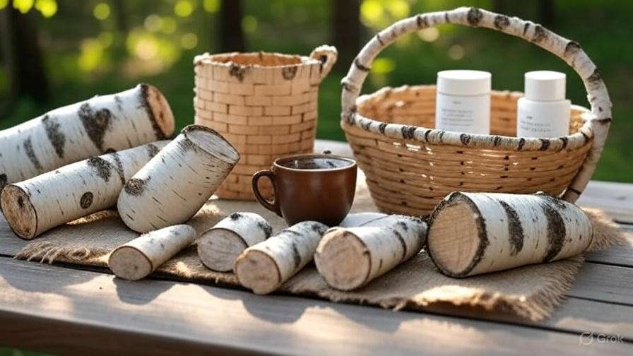 A rustic tabletop arrangement featuring birch logs, a woven basket, and a brown cup, set against a natural background.