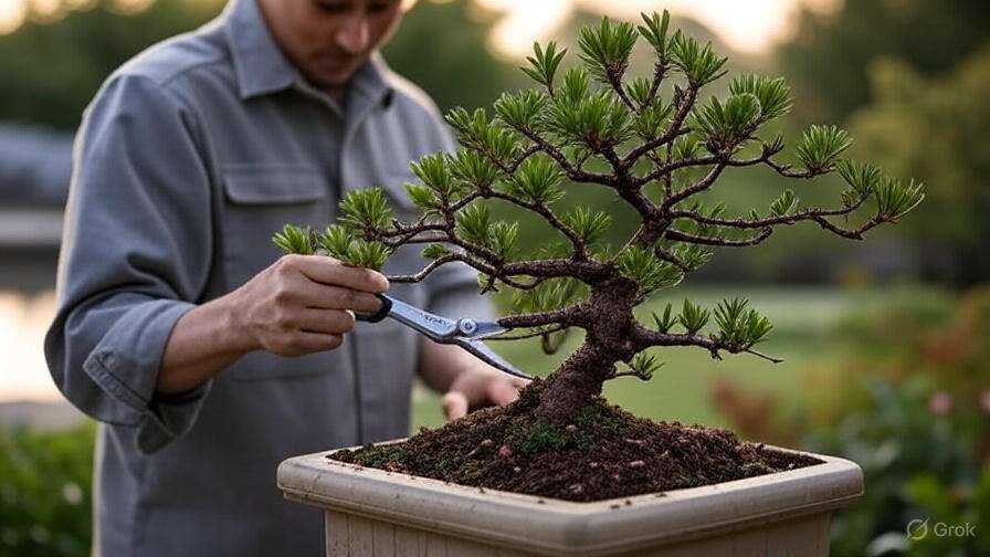 A person carefully pruning a bonsai tree in a pot, surrounded by a lush garden and soft, natural light.