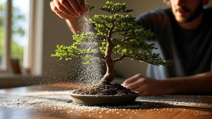 A person gently sprinkles soil onto a bonsai tree in a pot, creating a calm, soothing atmosphere. Sunlight from a window highlights dust particles.