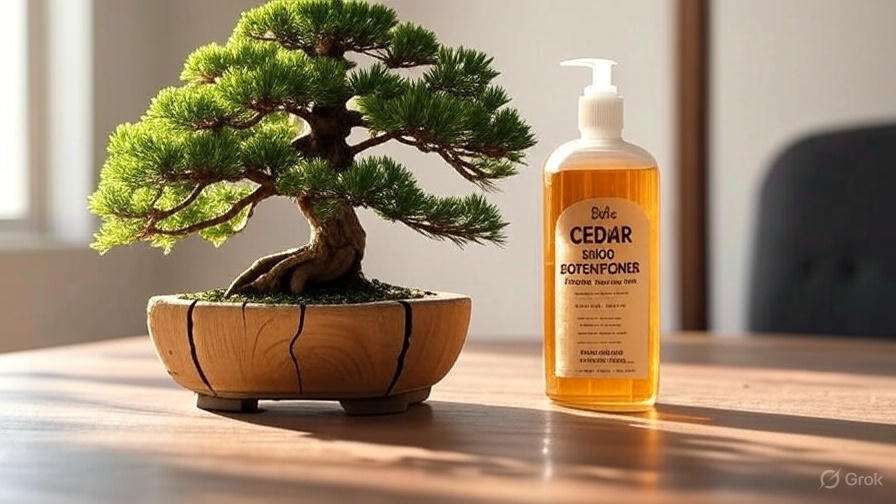 A wooden bonsai tree sits on a table beside a bottle of cedar oil, creating a serene, nature-inspired indoor scene.