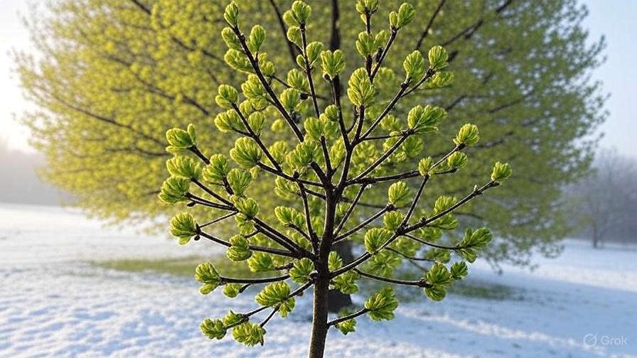 A budding tree with bright green leaves stands in a snowy landscape, showcasing the contrast of spring against winter.