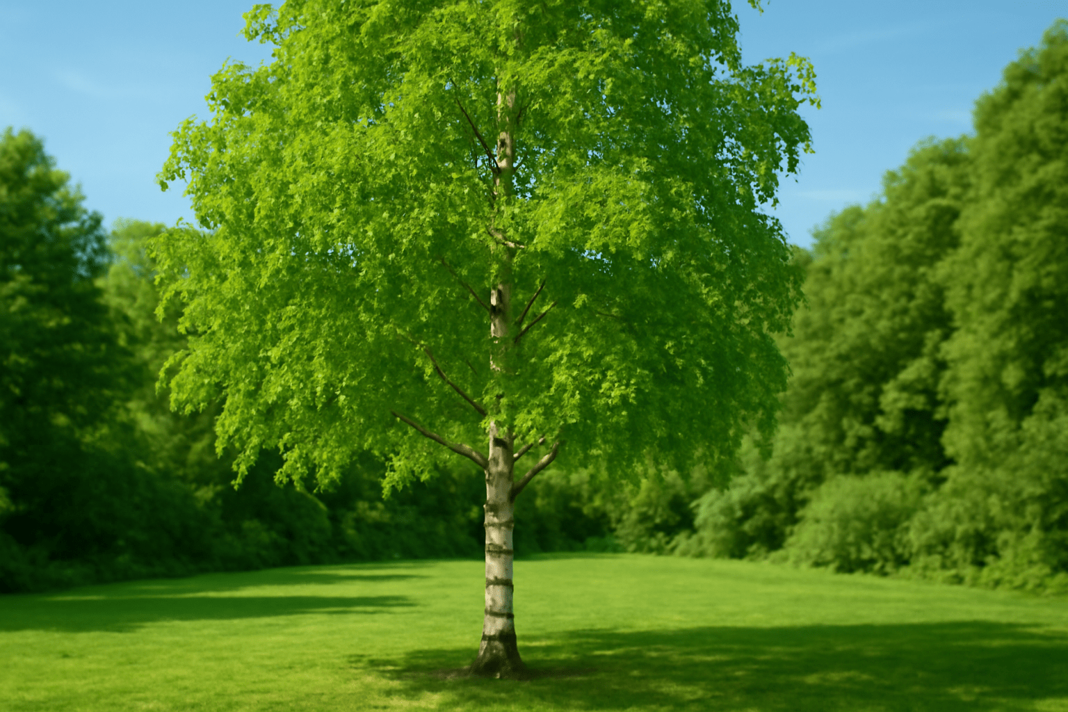 A single lush green tree stands in a sunny clearing, surrounded by dense foliage and a vibrant grassy field under a clear blue sky.
