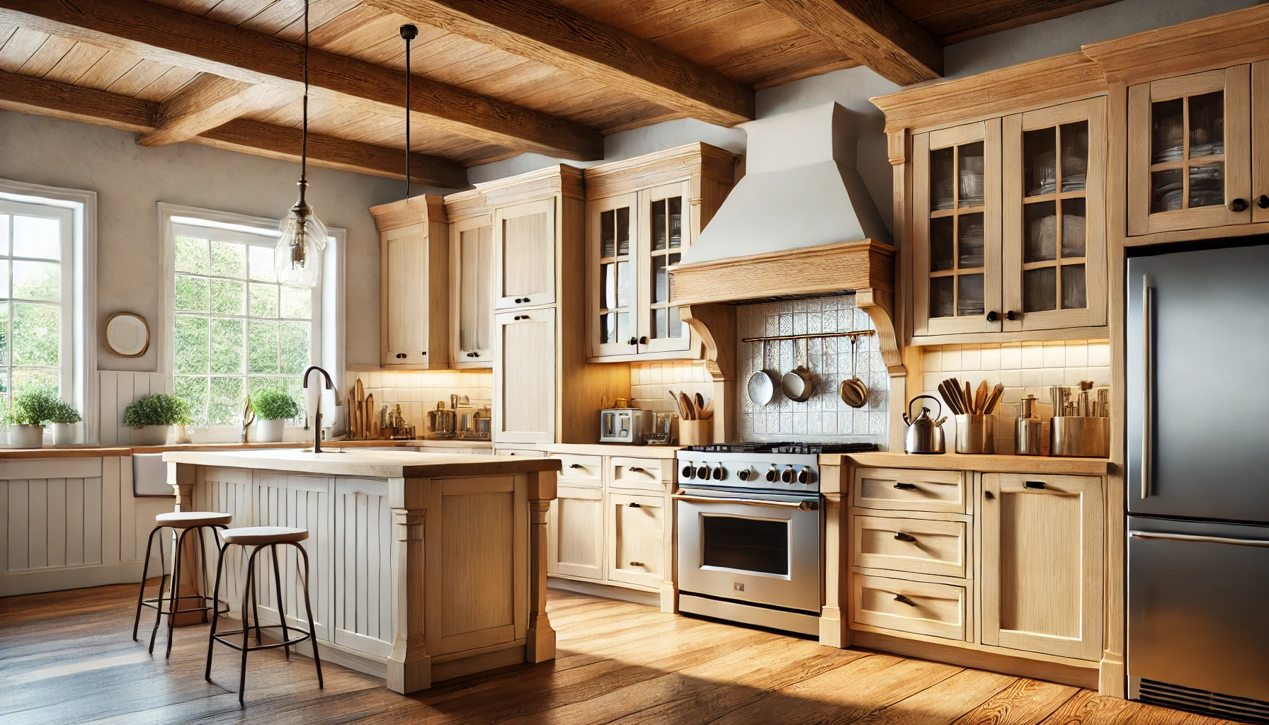 A warmly lit rustic kitchen featuring wooden cabinets, a central island, modern appliances, and large windows with greenery outside.