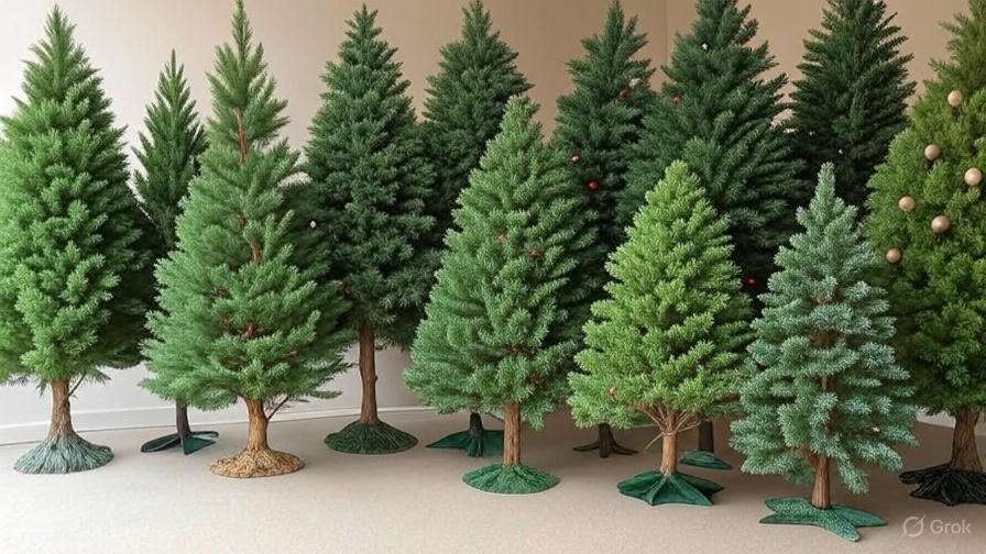 A cluster of artificial Christmas trees of varying sizes. Some are decorated with red and gold baubles. Set against a plain, light-colored wall.