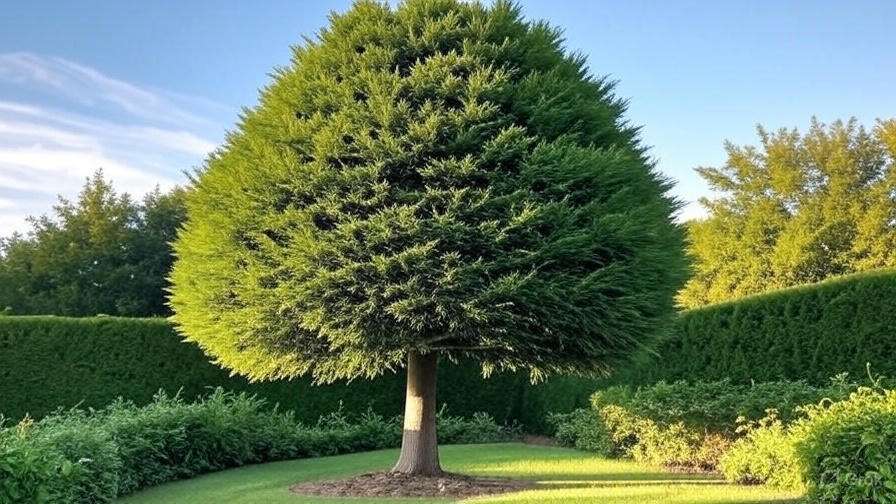 A perfectly shaped conifer tree stands tall in a well-maintained garden, surrounded by lush greenery and a clear blue sky.