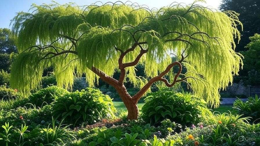 Graceful willow tree with cascading green leaves in a sunlit garden. Surrounded by lush shrubs and flowers, the scene exudes tranquility and beauty.