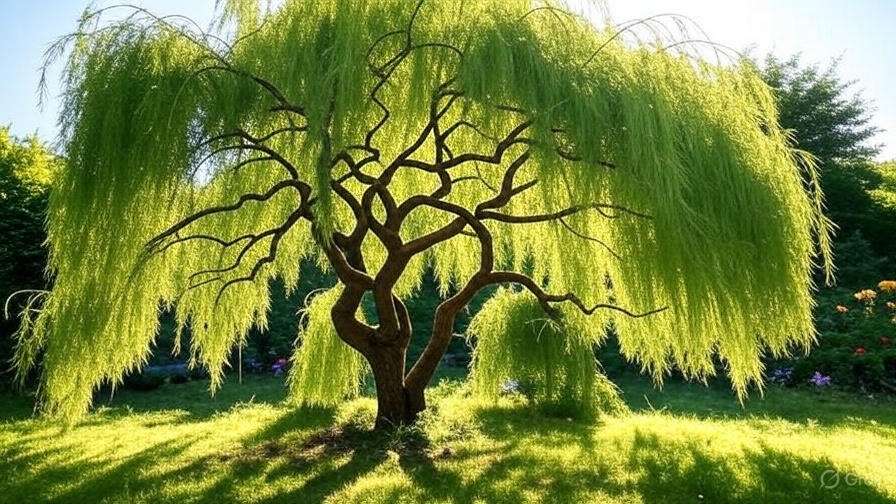 A willow tree with cascading green leaves bathed in sunlight, casting intricate shadows on a lush lawn. The scene feels serene and natural.