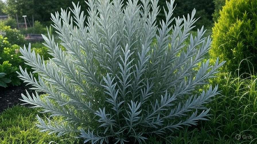 A lush silver-grey artemisia bush with thin, elongated leaves, surrounded by vibrant green foliage in a garden setting. The scene feels serene and natural.
