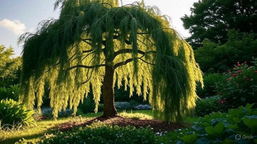 A tall, graceful weeping willow tree backlit by sunlight, casting delicate shadows on vibrant green foliage below.