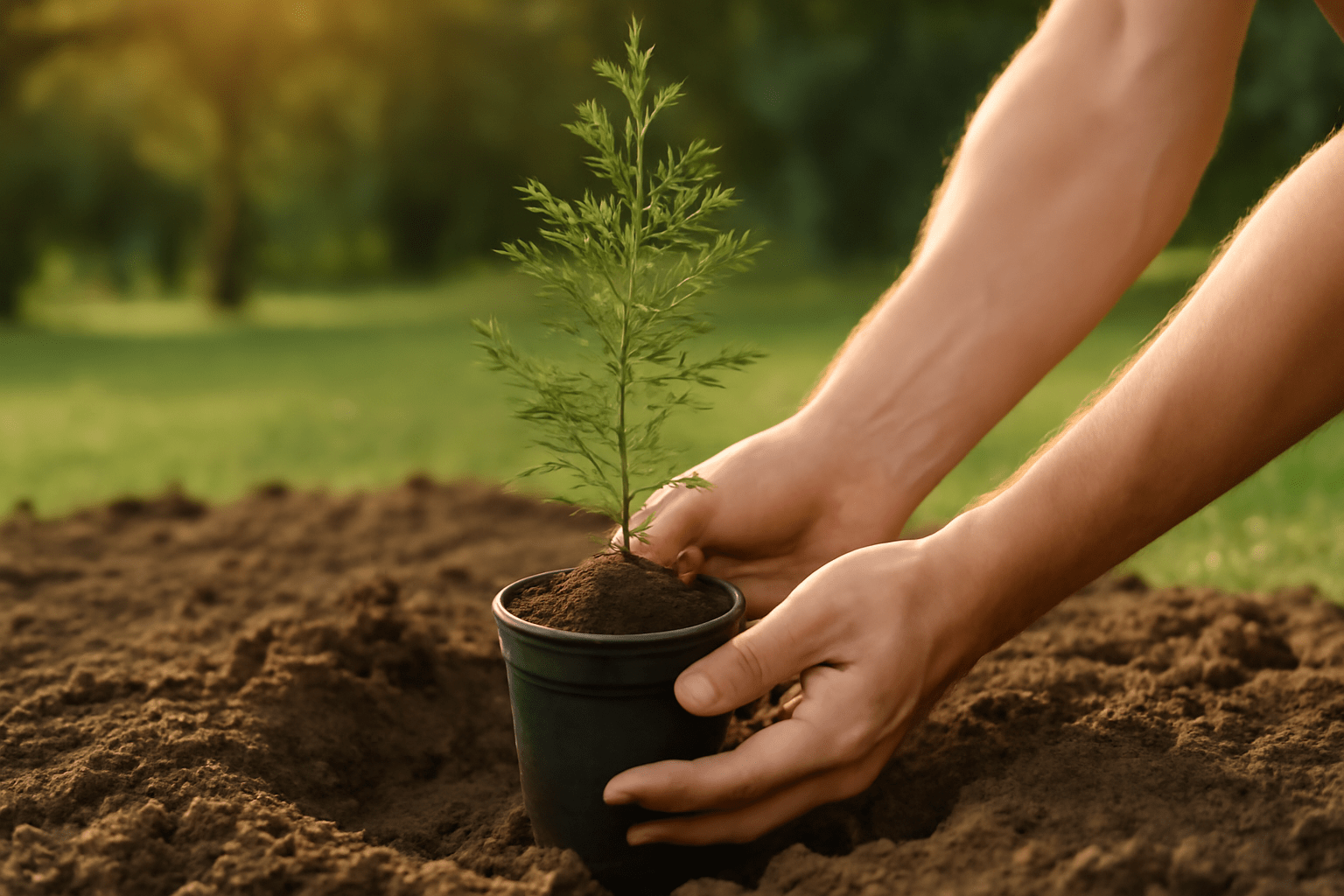Hands gently place a potted sapling into rich soil in a sunlit garden, symbolizing growth and nurturing. The scene is calm and hopeful.