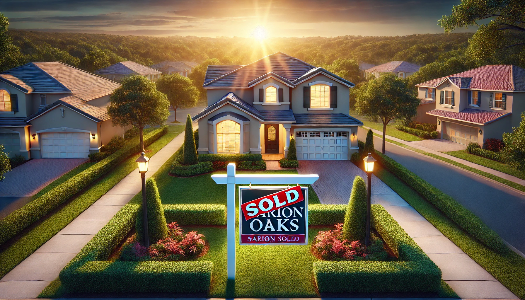A suburban house with a "Sold" sign in front, surrounded by well-manicured lawns and hedges, under a warm sunrise.