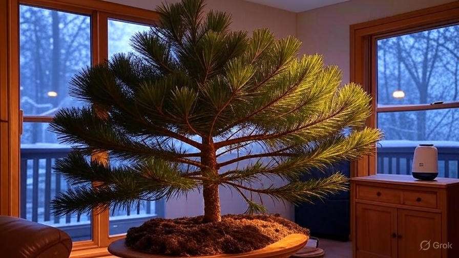 A decorative bonsai tree with lush green pine needles stands on a wooden table in a softly lit room with large windows.