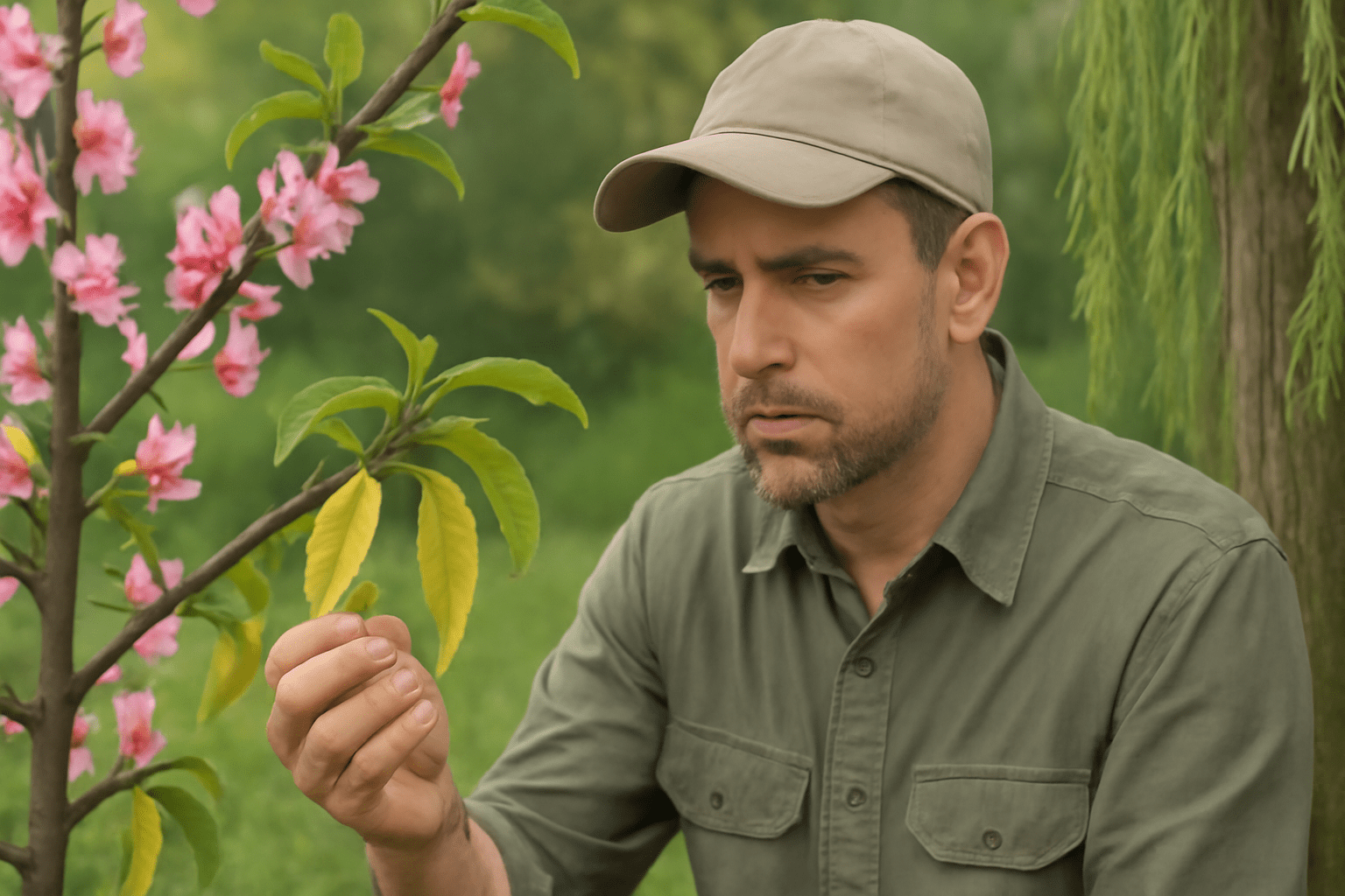 A man is intently looking at a blooming pink flower, appreciating its color and form.