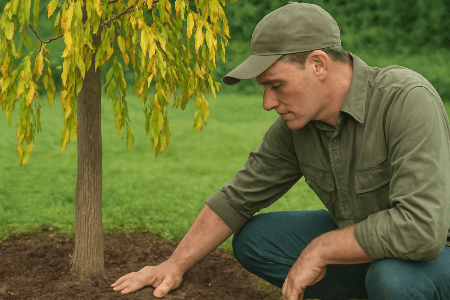 A man is kneeling on the ground, carefully planting a small tree in a garden or natural setting.