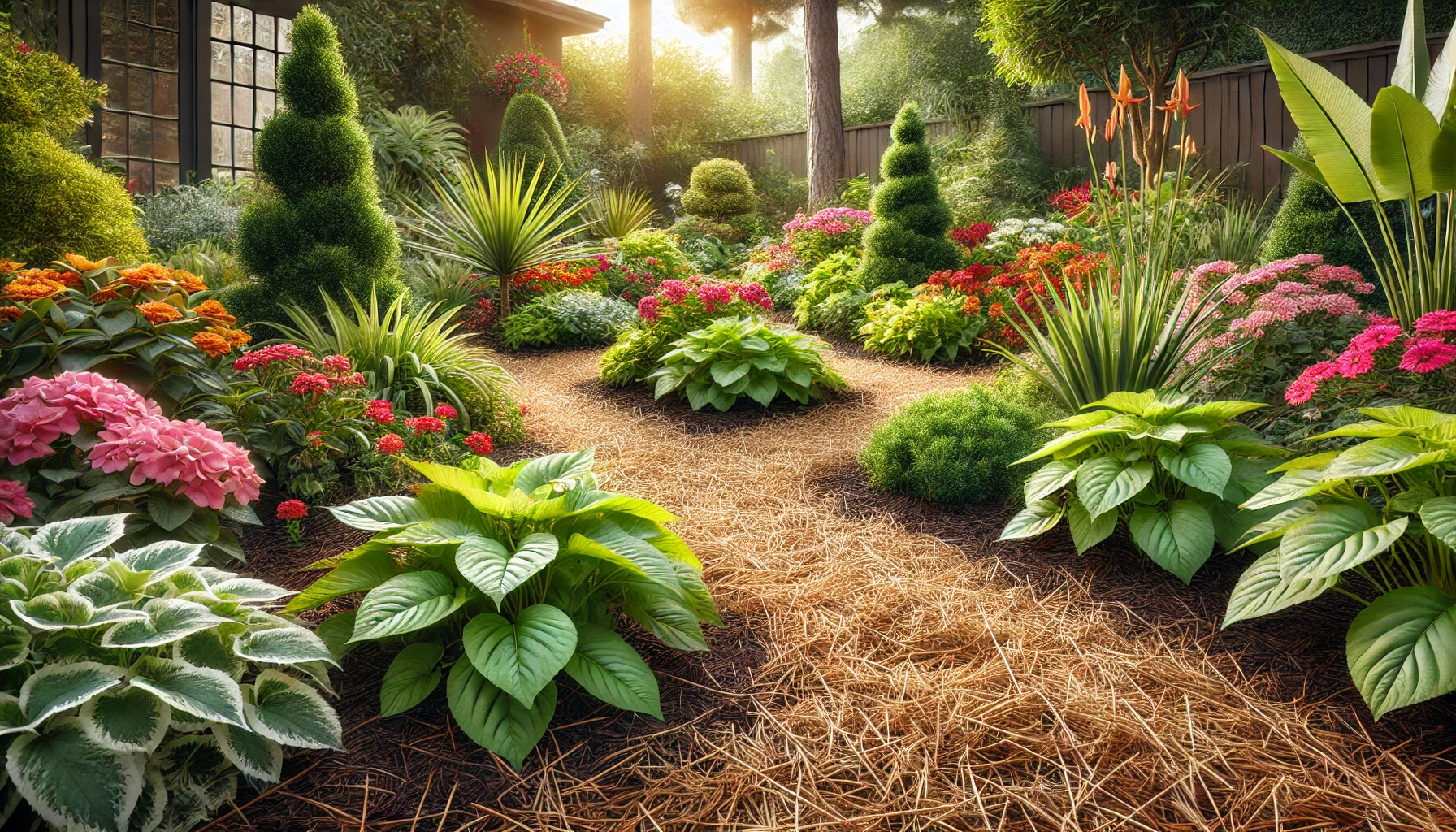 A vibrant garden filled with colorful flowers, lush greenery, and decorative shrubs, illuminated by soft morning sunlight.