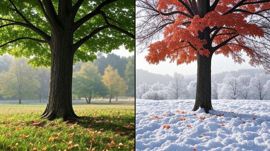 A split image showing a vibrant green tree in summer on the left and a bare, orange-leaved tree in snowy winter on the right.