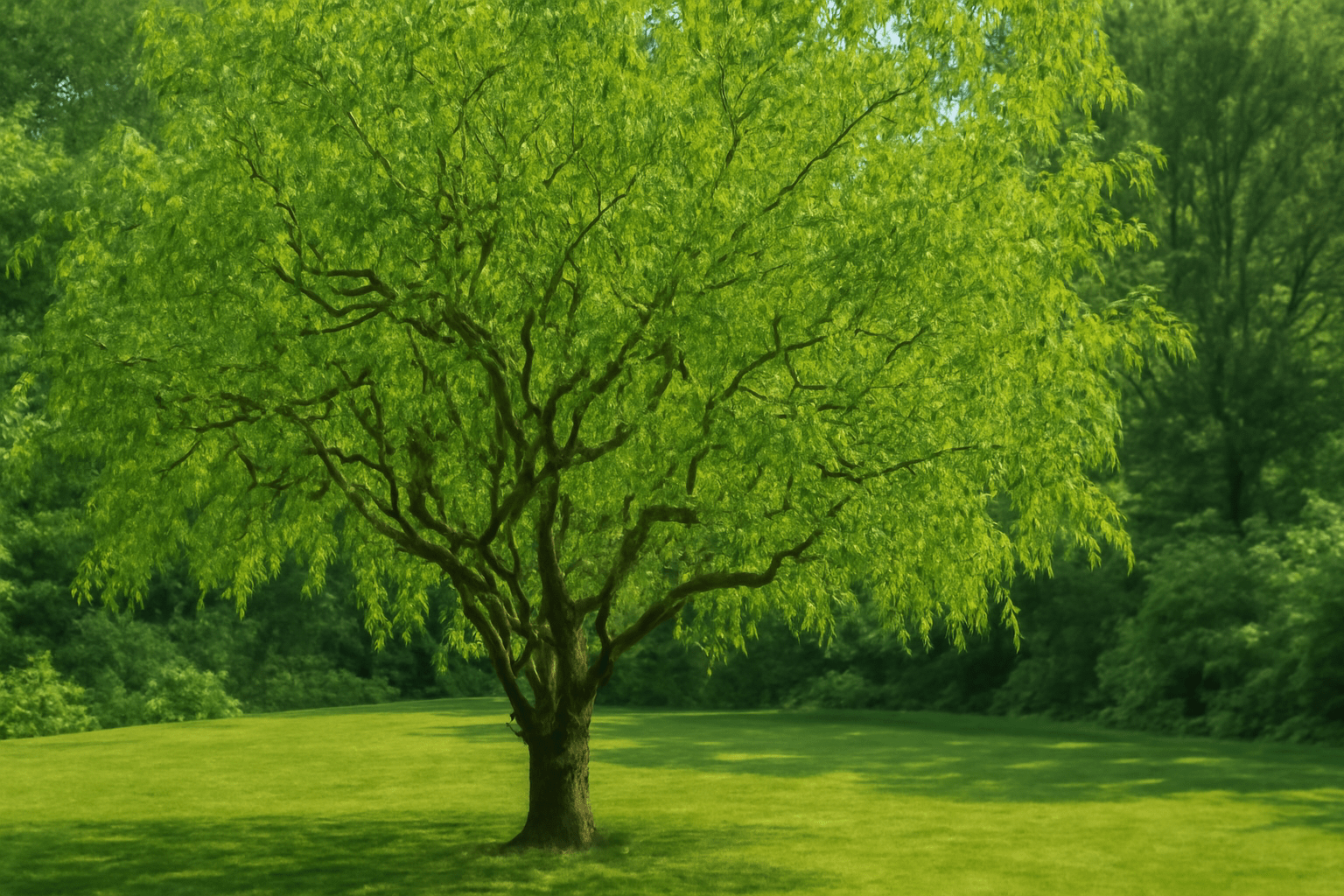 A lush willow tree stands in a sunlit field. Its cascading branches form a green canopy, surrounded by dense forest, evoking a tranquil, serene mood.