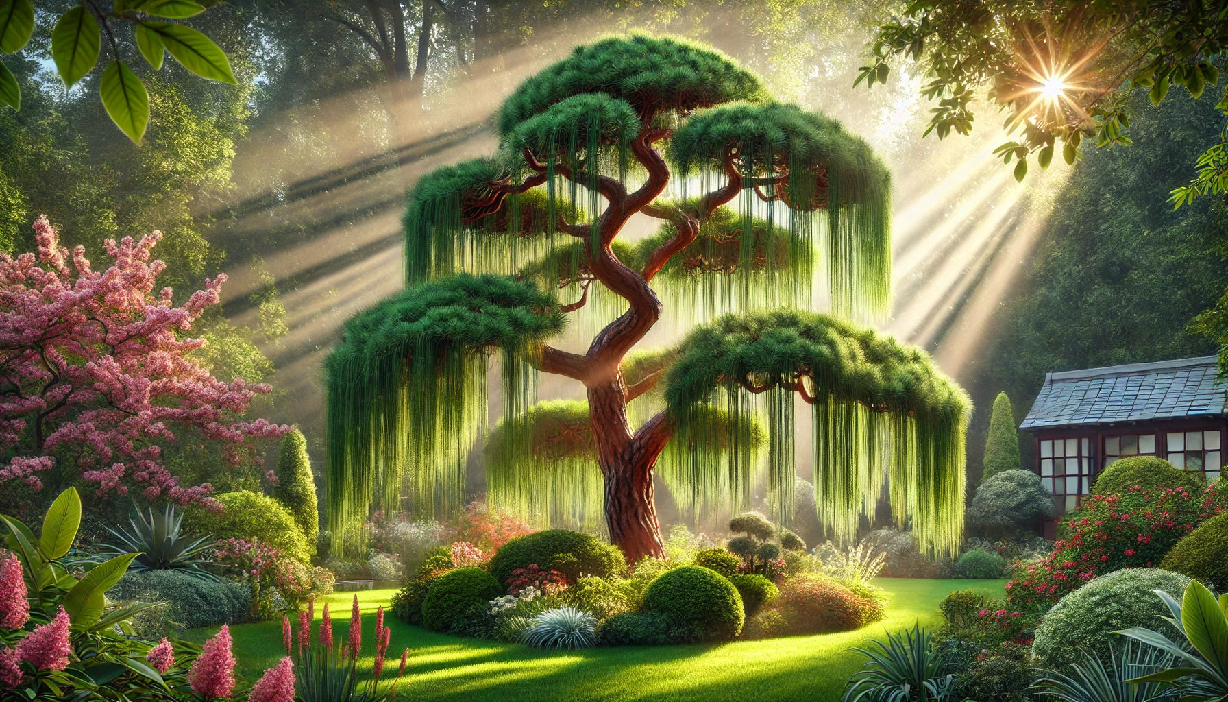 A serene garden featuring a majestic tree with cascading foliage, vibrant pink blossoms, and sun rays filtering through lush greenery.