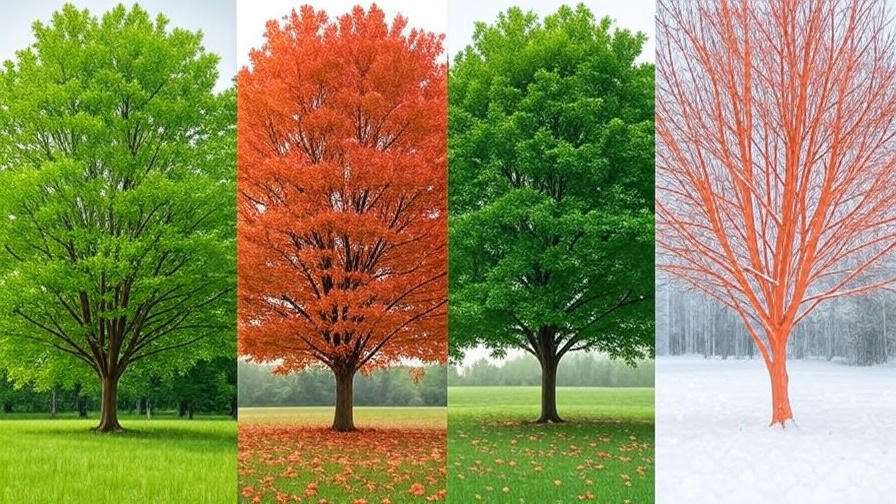 A tree depicted in four seasons: vibrant green in spring, fiery orange in autumn, deep green in summer, and bare branches in winter.