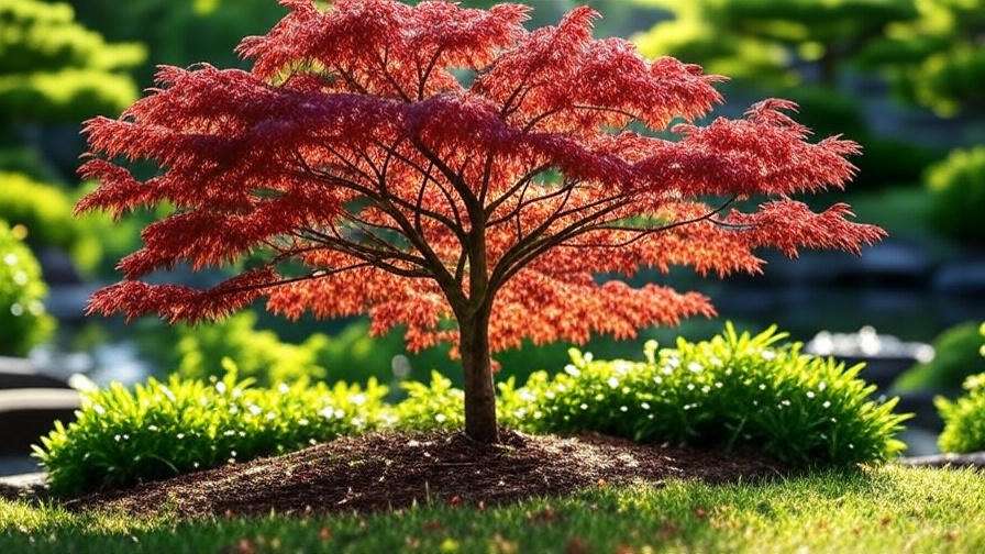 A vibrant red maple tree stands proudly in a lush green garden, basking in sunlight, surrounded by manicured grass and serene landscaping.