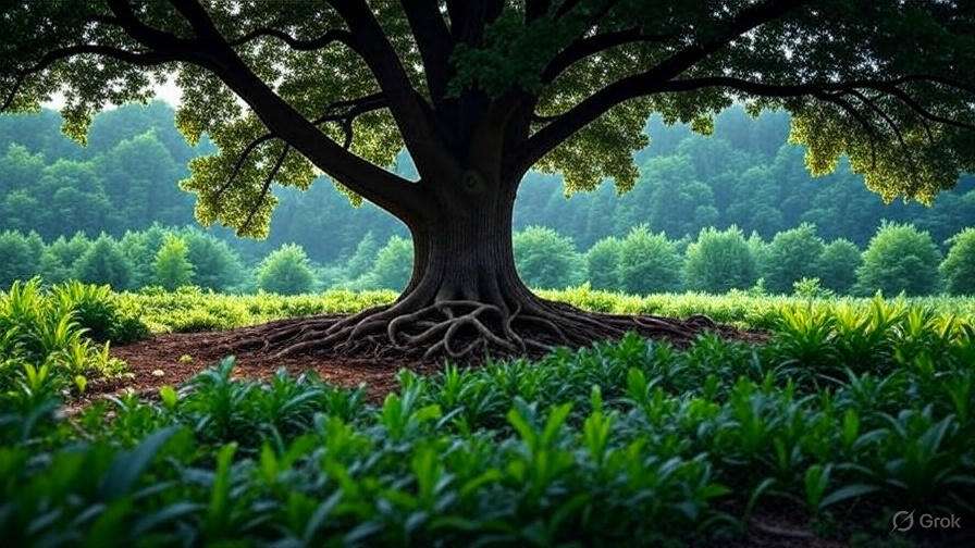 A majestic tree stands in a lush landscape, its expansive roots spreading over rich soil, surrounded by vibrant green foliage and hills.