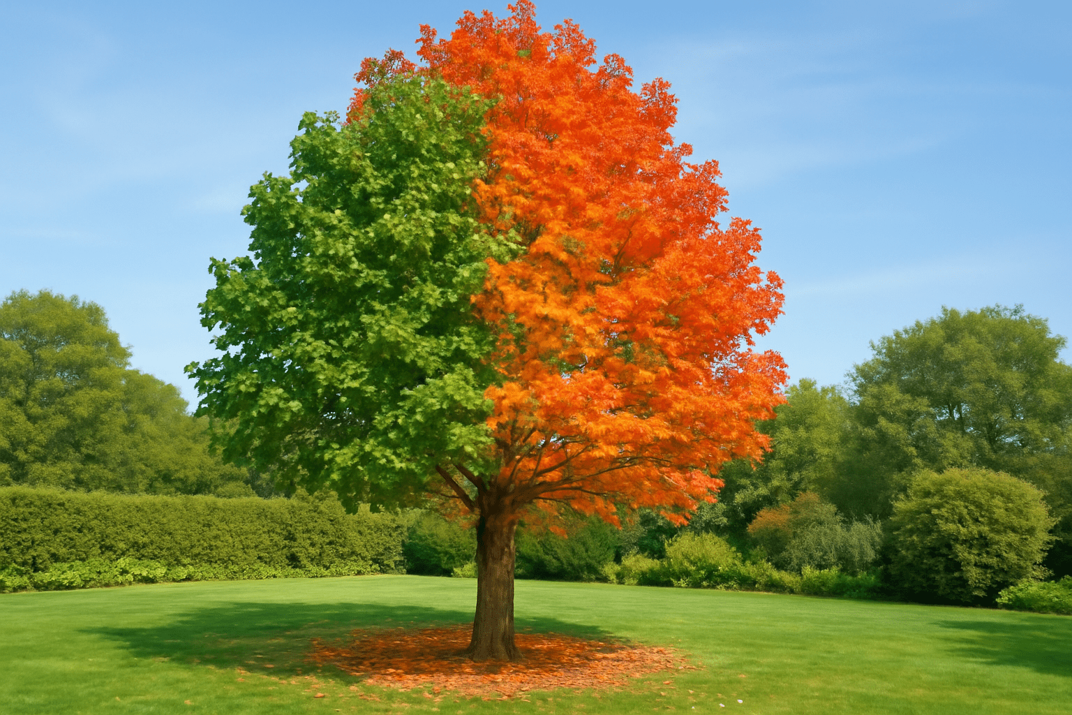 A vibrant tree with one half in lush green leaves and the other half in bright orange foliage against a clear blue sky.