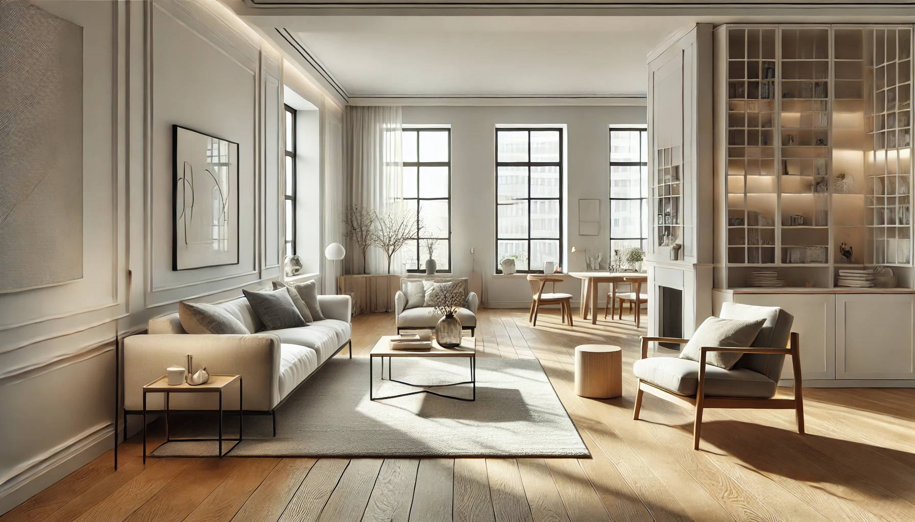 Bright, modern living room with sunlight, featuring a cozy sofa, minimalist decor, wooden floors, and a dining area in the background.