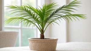 A potted palm plant placed on a neatly made bed, adding a touch of greenery to the bedroom decor.