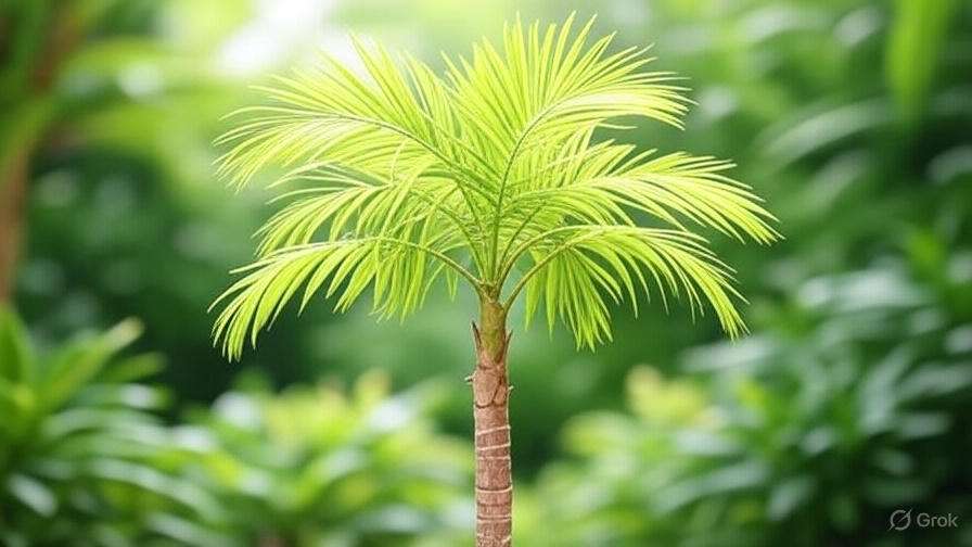 A palm tree rises above dense green foliage in a serene forest environment.