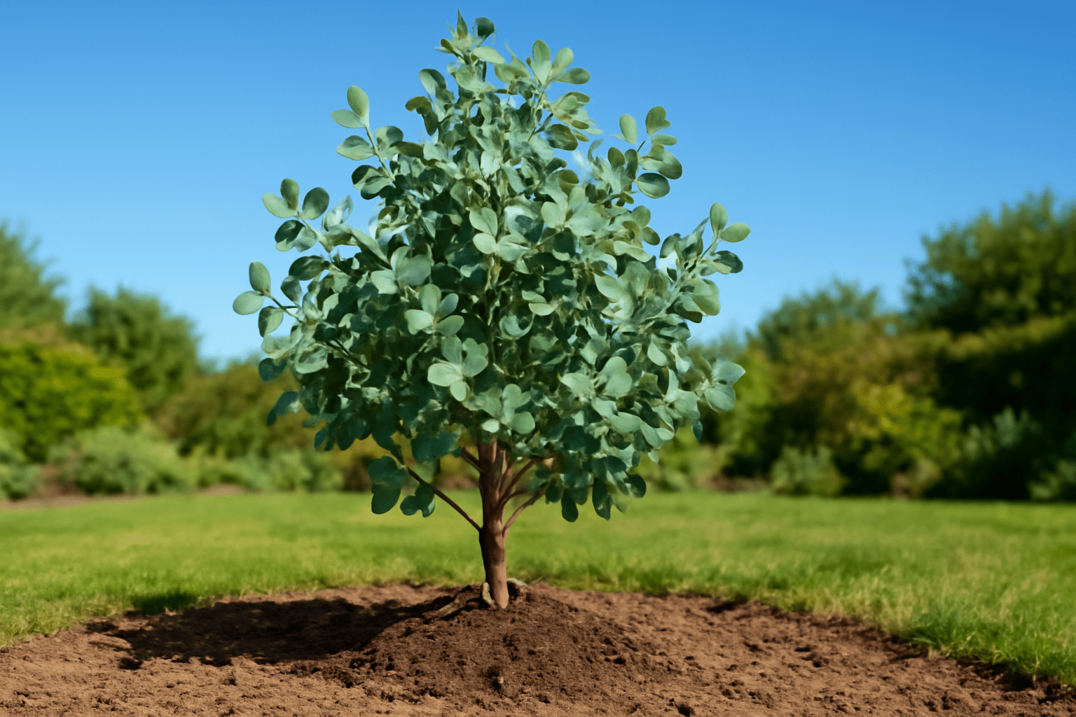 In a wide field, a small tree is prominently located at the center, contrasting with the open landscape.