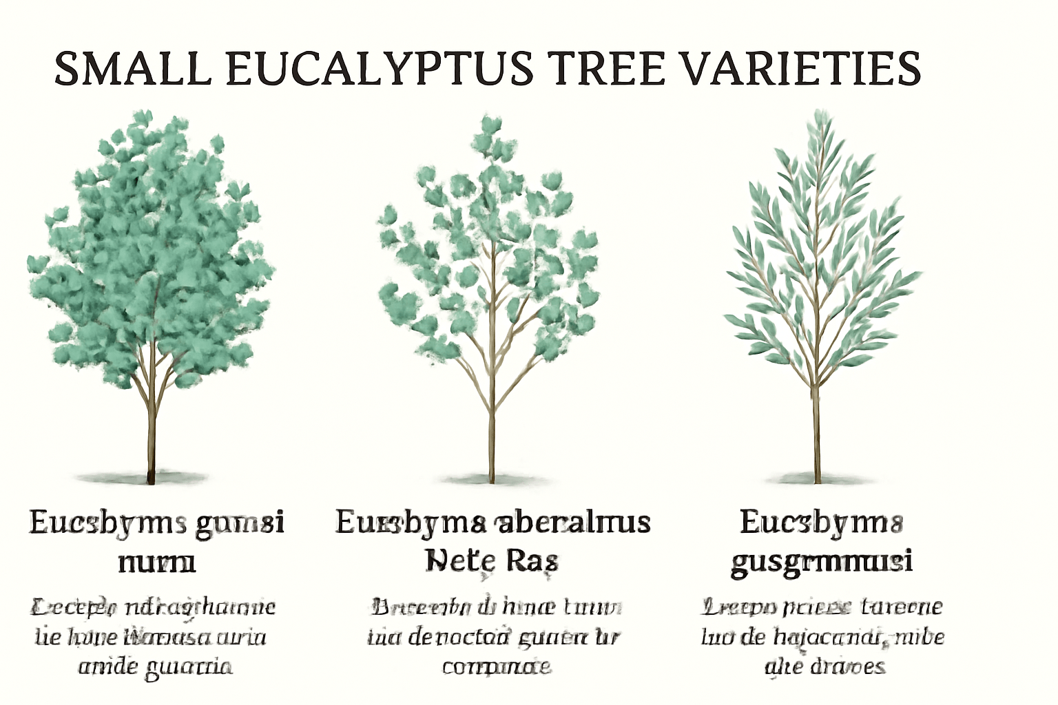 A variety of small eucalyptus trees showcasing different shapes and foliage in a natural setting.