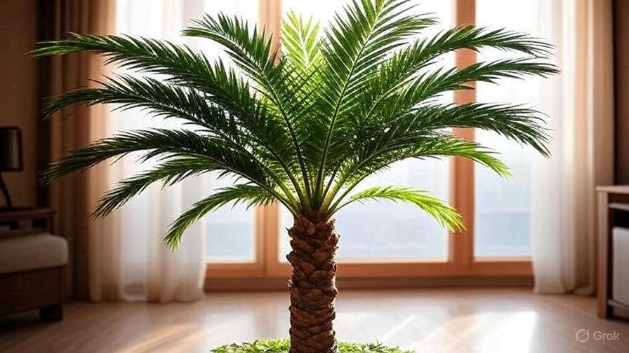 A palm tree stands in a room beside a window, adding a touch of nature to the indoor space.