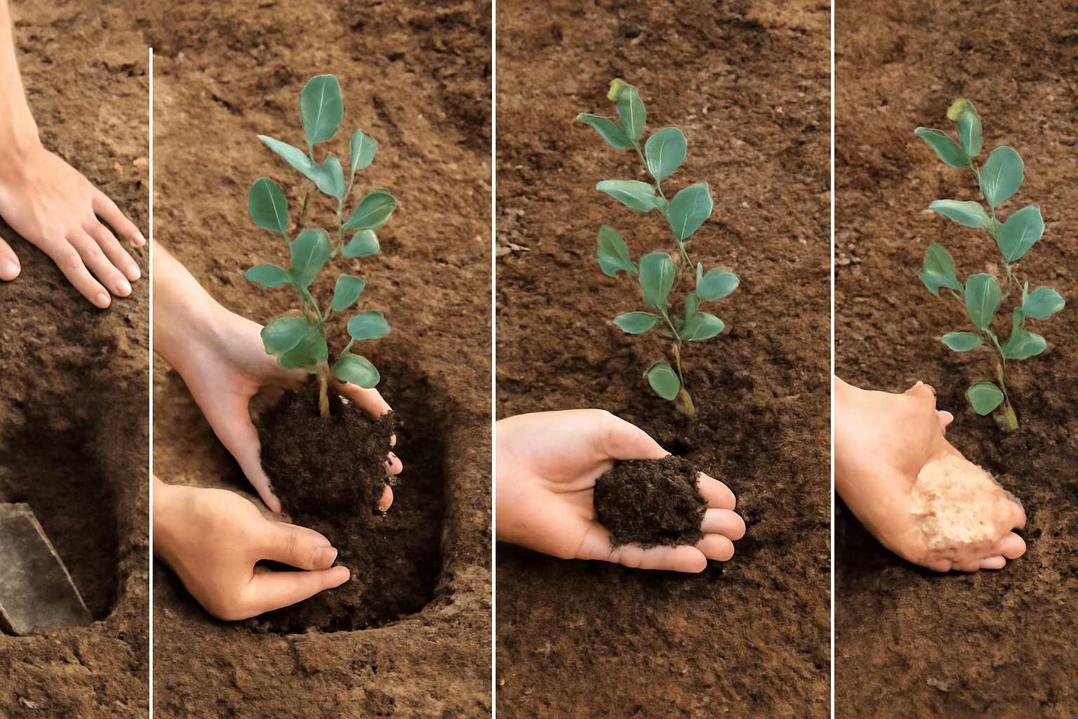 Four images capture hands planting a tree, highlighting the importance of reforestation and caring for the environment. 