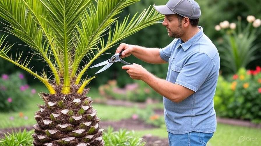 A man is using a saw to trim the fronds of a tall palm tree against a clear blue sky.