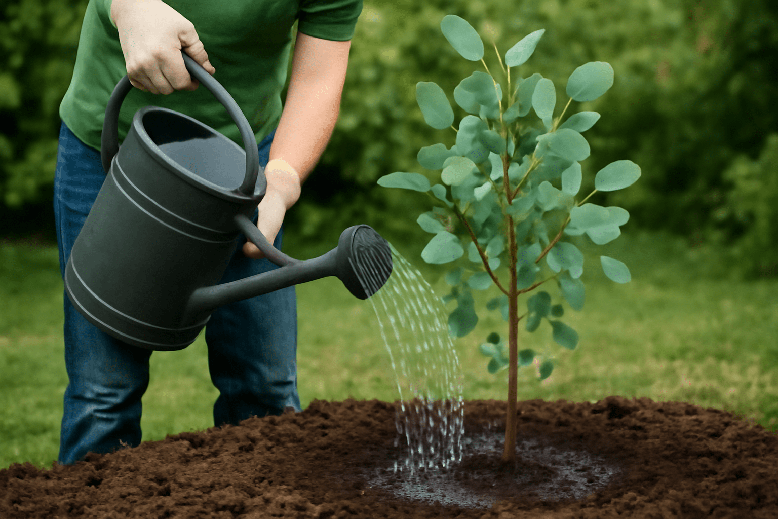 AA gardener tending to a tree by pouring water from a watering can, promoting its growth in a sunny area.
