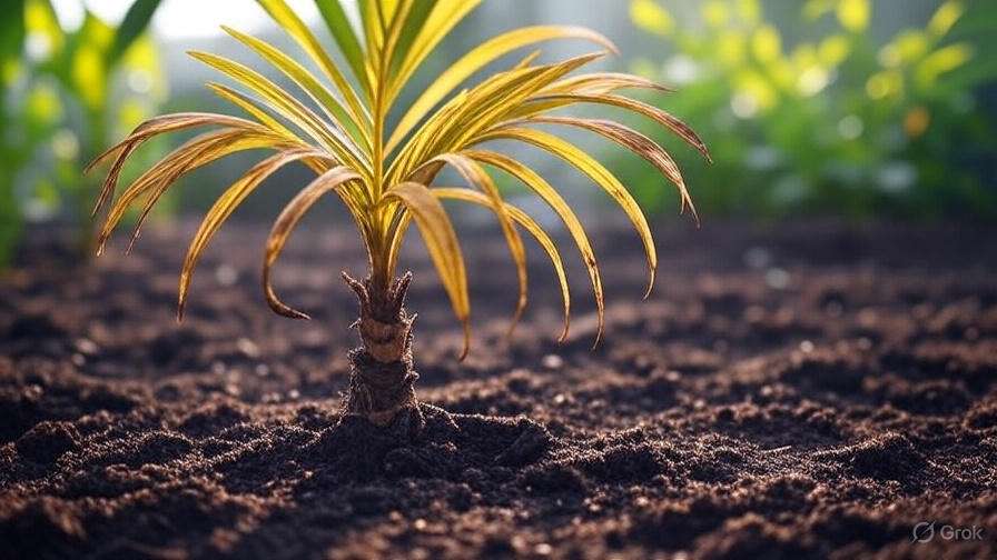 A small palm tree emerges from the dirt, featuring delicate fronds that signify growth and vitality in its environment.