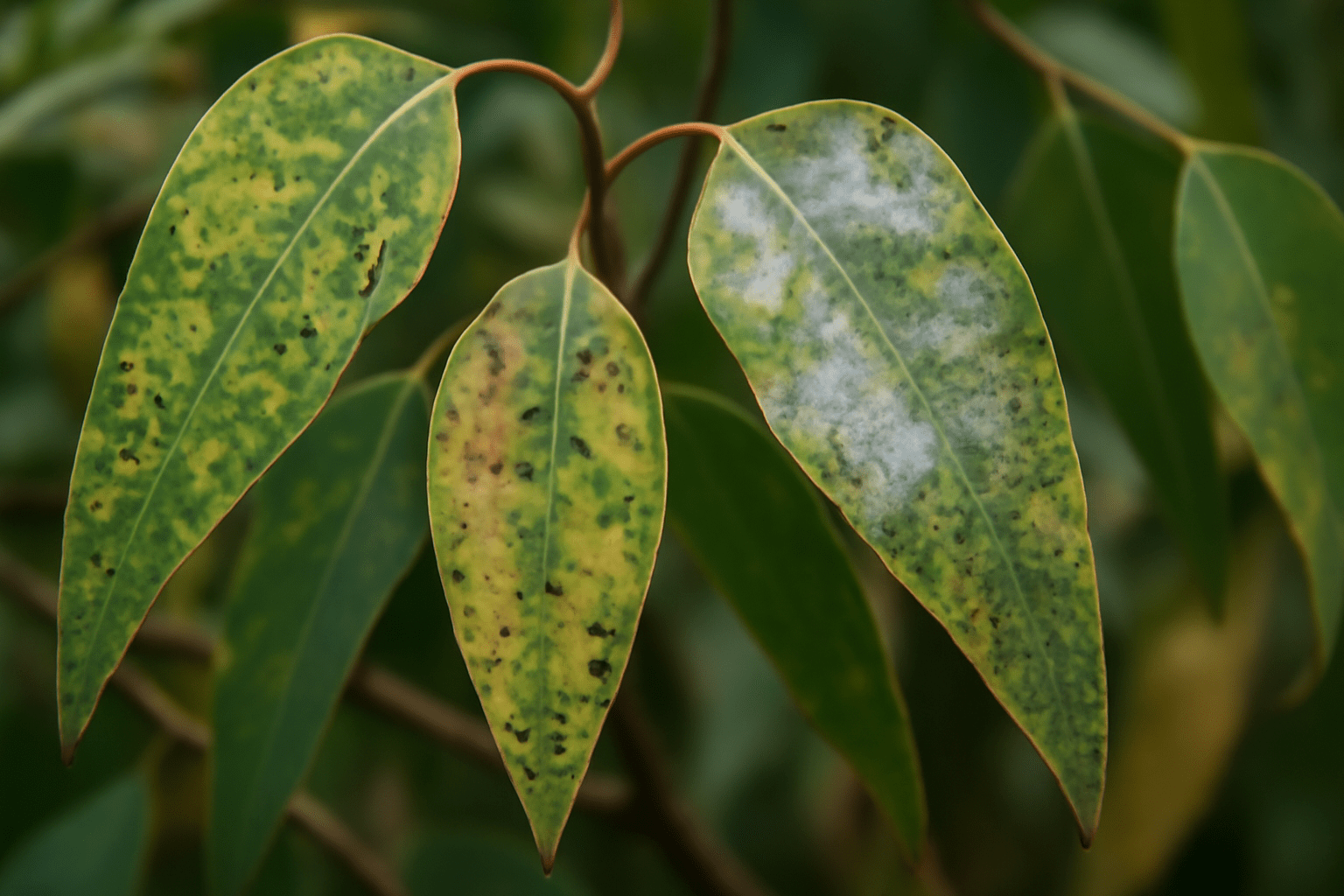 A close-up view of a green leaf featuring distinct white spots scattered across its surface.