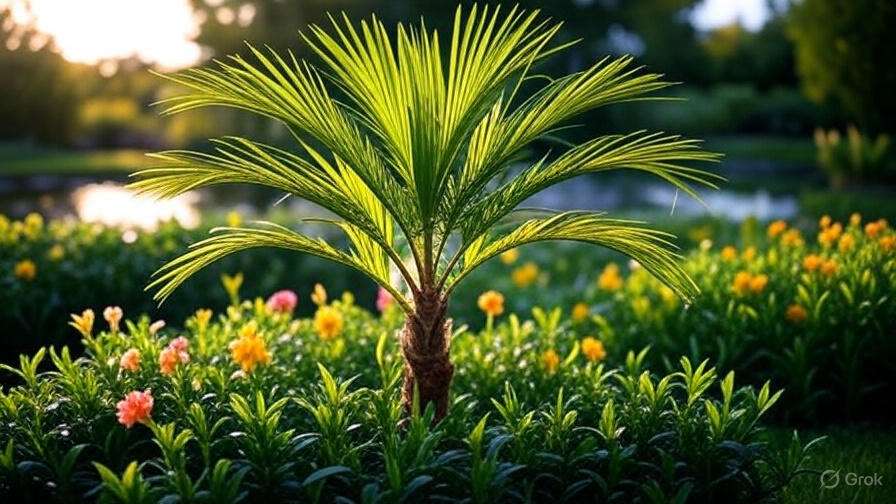 A palm tree stands amidst blooming flowers in a lush garden landscape.