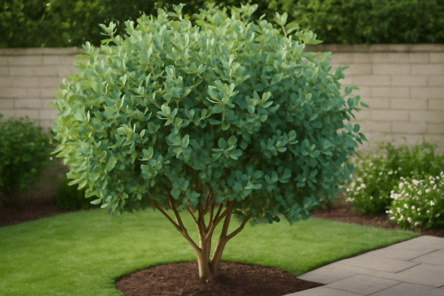 A small tree with lush green leaves stands in a vibrant garden setting. 
