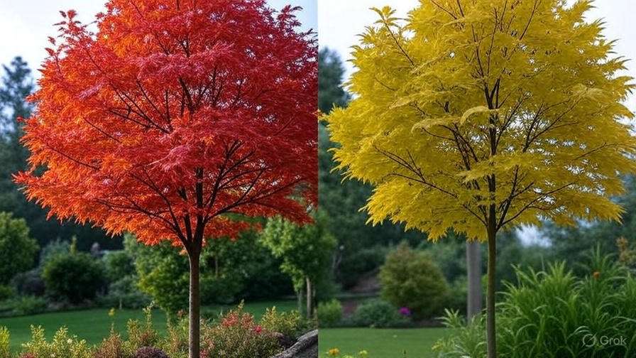 A vibrant red maple tree on the left and a bright yellow maple tree on the right, set against a lush garden backdrop.