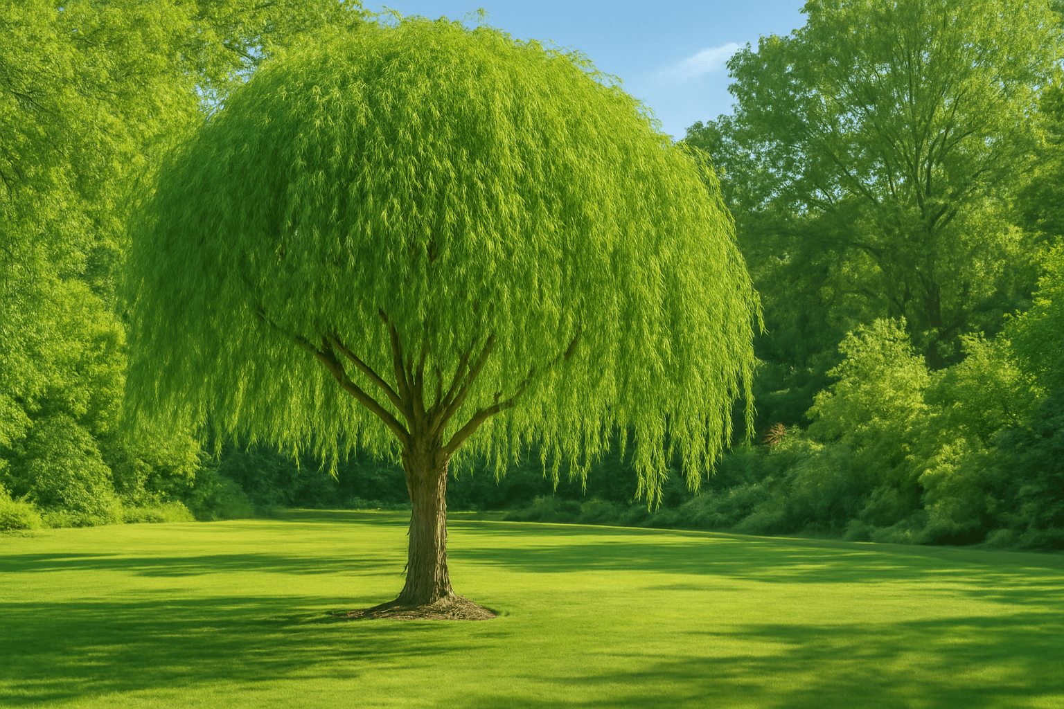 A majestic green tree is situated in the heart of a sprawling green field, creating a peaceful natural scene. 