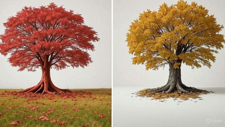 A vibrant red tree with falling leaves on the left contrasts with a golden tree on the right, highlighting seasonal changes. 