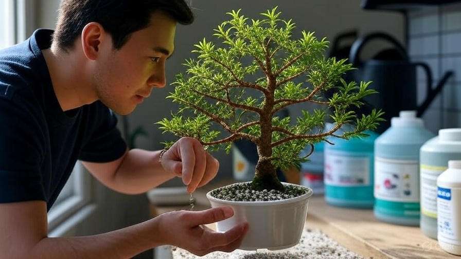 A person tending to a bonsai tree in a white pot, surrounded by gardening supplies on a wooden surface.